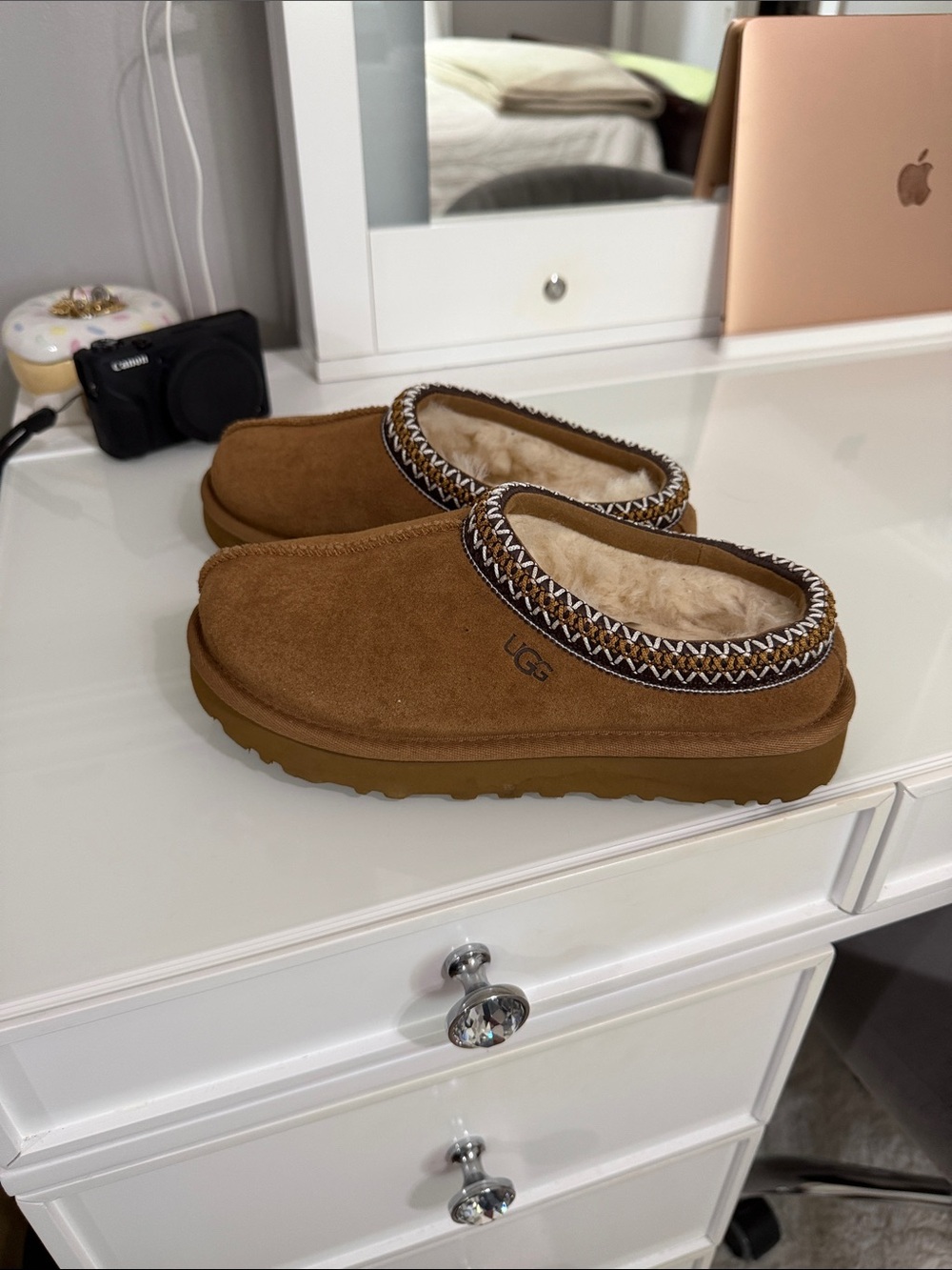 UGG Chestnut Suede Shearling-Lined Slip-On Mules